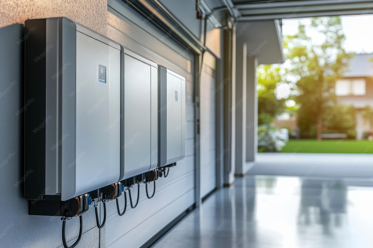 Unidades de almacenamiento de energía instaladas en el garaje de una vivienda.
